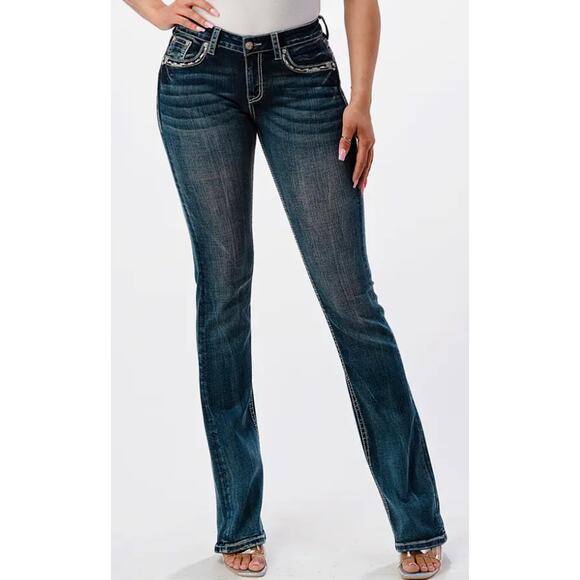 Grace In La Steer Head Modify Midrise Bootcut Jeans Sz 28 Embroidery 34"Long NEW - Picture 3 of 4